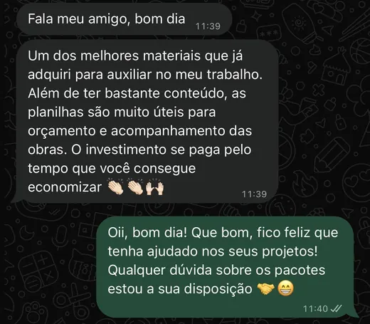 Depoimento de cliente sobre o pacote de projetos para construtores e engenheiros
